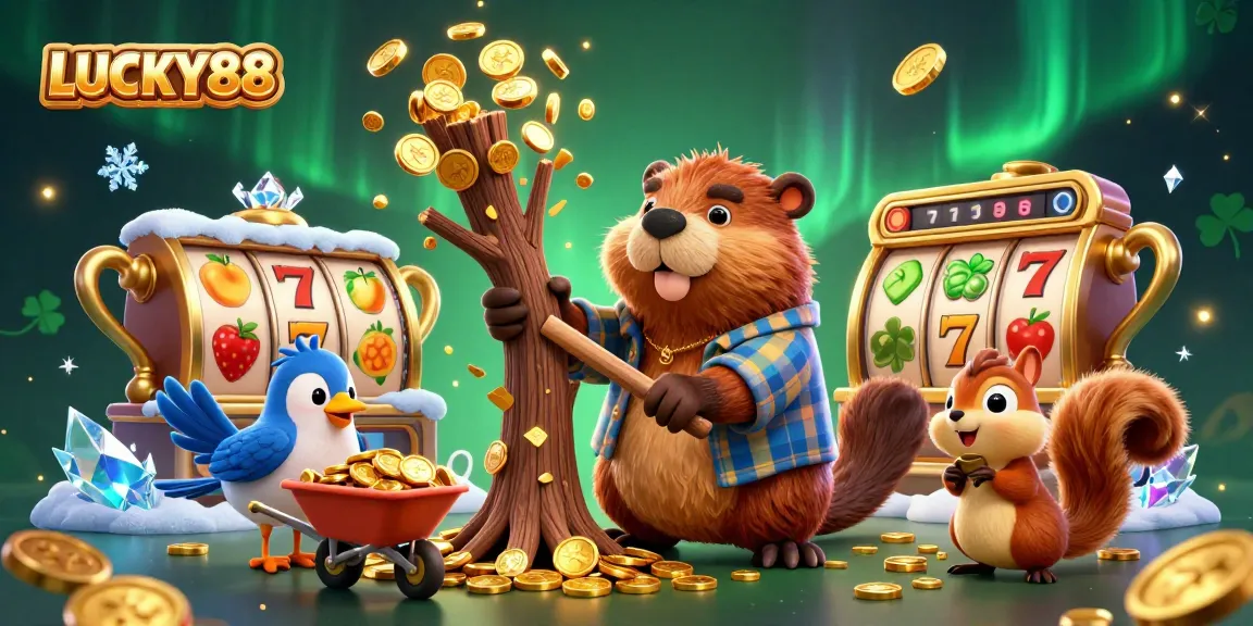 Chop trees and stack coins at LUCKY88 in this vibrant casino-themed illustration.