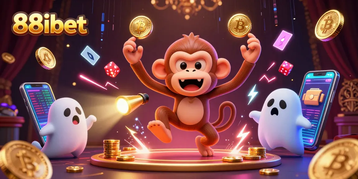 Experience the fun at 88ibet, where a playful monkey juggles golden casino tokens amidst a vibrant gaming backdrop.