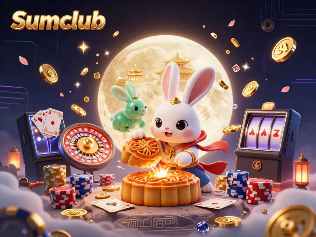 Enjoy the Sumclub with a 3D moon rabbit illustration showcasing gambling elements including poker chips.