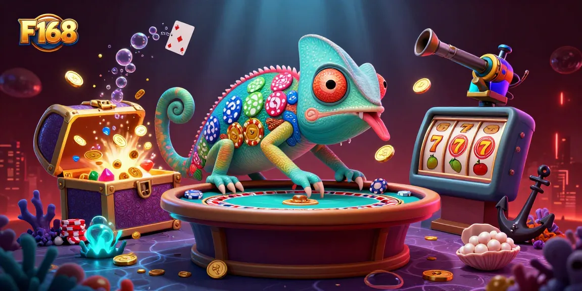Experience F168’s colorful gaming excitement with a vibrant chameleon casino owner chasing golden coins.
