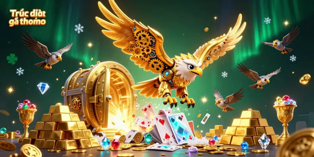 Engage in Trực tiếp đá gà thomo with electrifying visuals of a golden eagle in action amidst sparkling treasures.