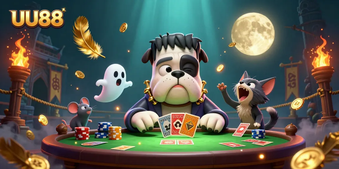 UU88 presents an exciting card game scene with a Frankenstein bulldog and ghost mouse, depicting thrilling online betting.