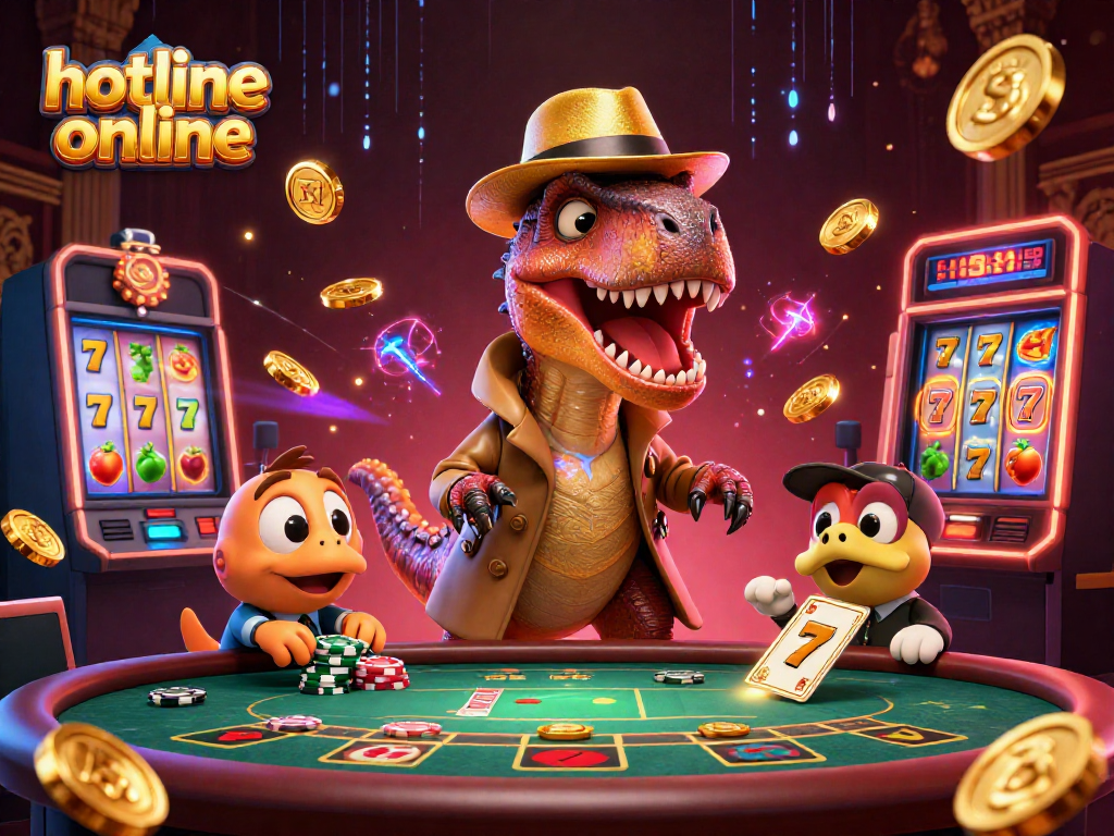 Experience exciting plays in hotline online with a dynamic scene featuring a velociraptor at a casino table.