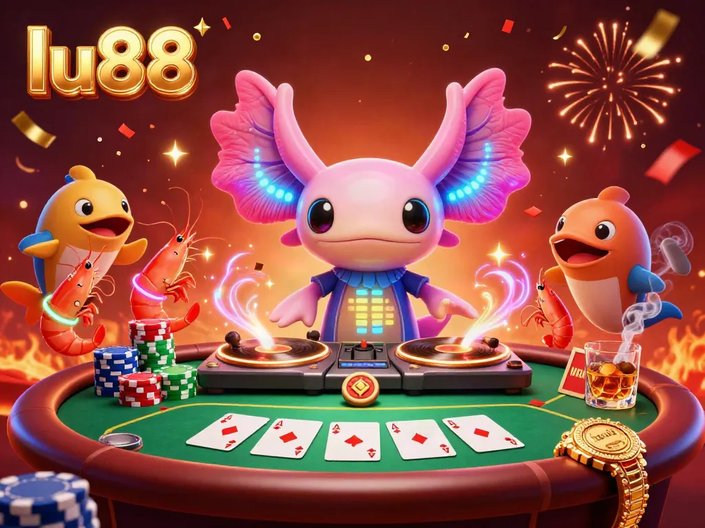 Experience the excitement of gambling at lu88 with a vibrant 3D axolotl DJ, poker elements, and festive ambiance.