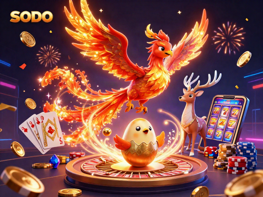 Experience the thrill of SODO gaming with a vibrant illustration of dynamic casino elements and mythical characters.