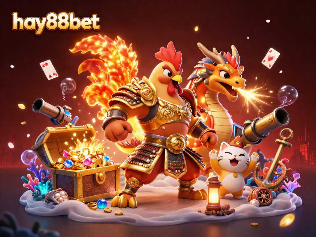 Experience thrilling gaming moments with hay88bet's vibrant illustration of a battling rooster and dragon.