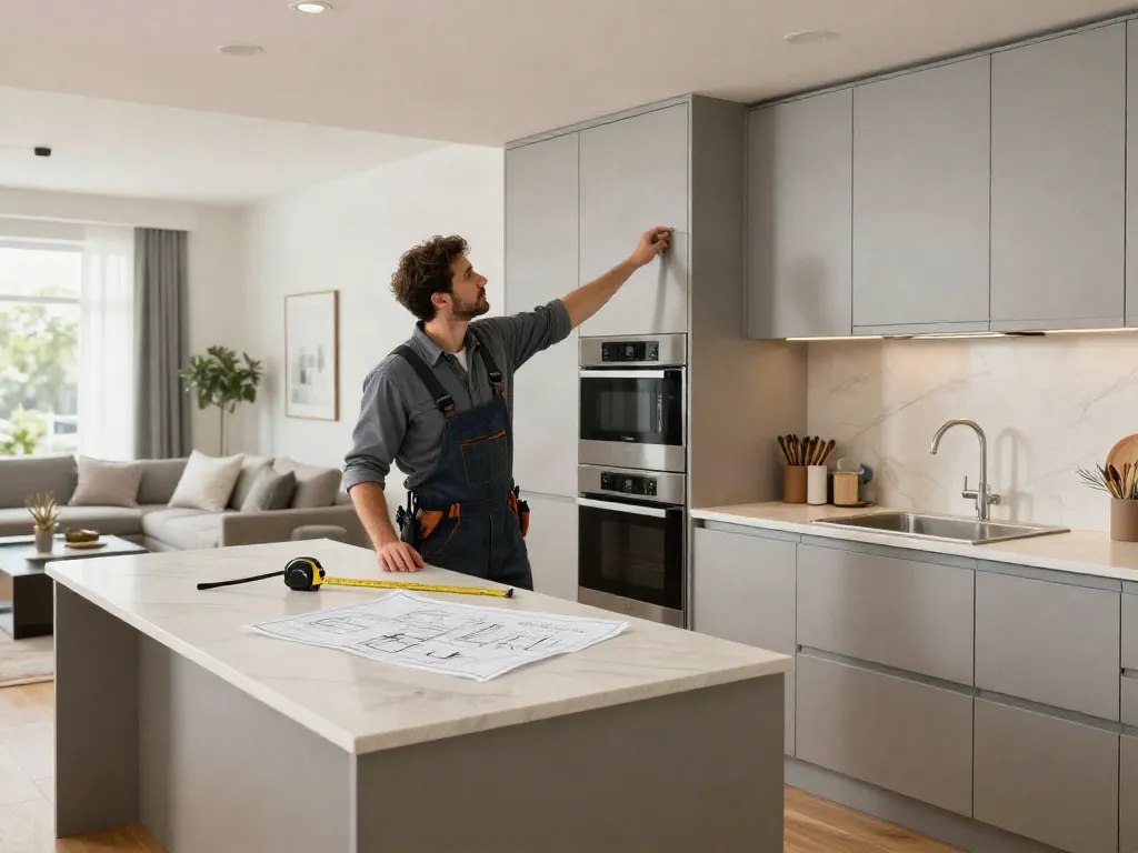 Interior fit out contractor measuring a modern kitchen space, showcasing stylish cabinetry and natural light.