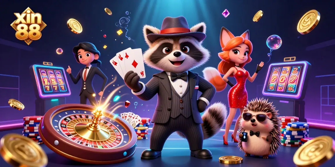 Experience high-stakes fun with xin 88 through a dynamic casino scene featuring charming characters.