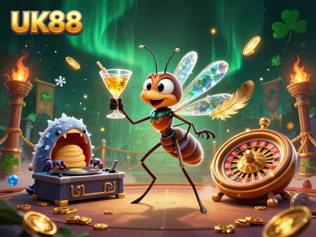 Experience the excitement at UK88 with a vibrant casino scene featuring animated fossils and dynamic elements.