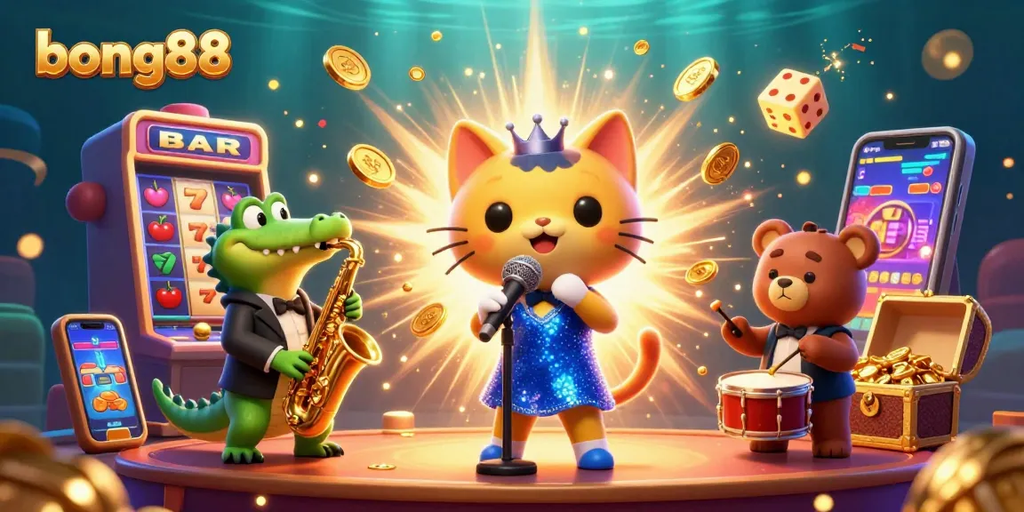 Experience the thrilling excitement of bong88 with a vibrant casino scene featuring a jazz-singer cat, crocodile, and bear.