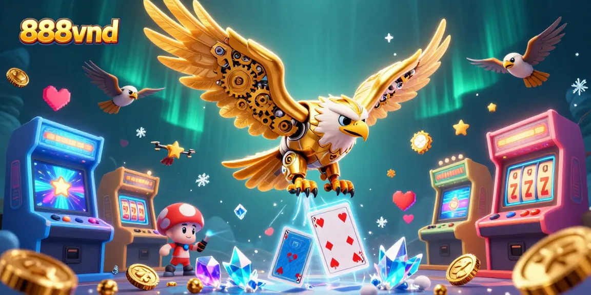 Engage with 888vnd's vibrant casino world with dynamic 3D eagle and gaming elements.