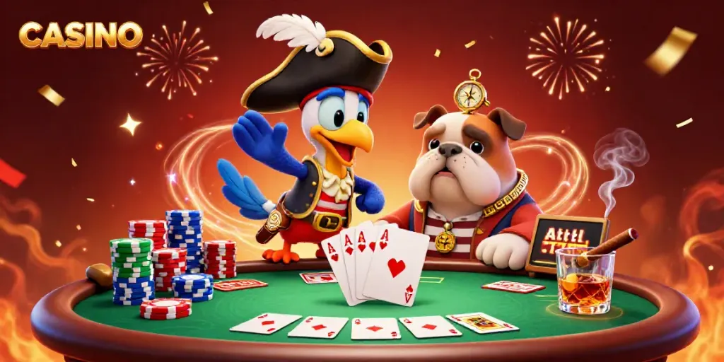 Engaging casino scene featuring a captain parrot, bulldog, and cat amid colorful poker elements.