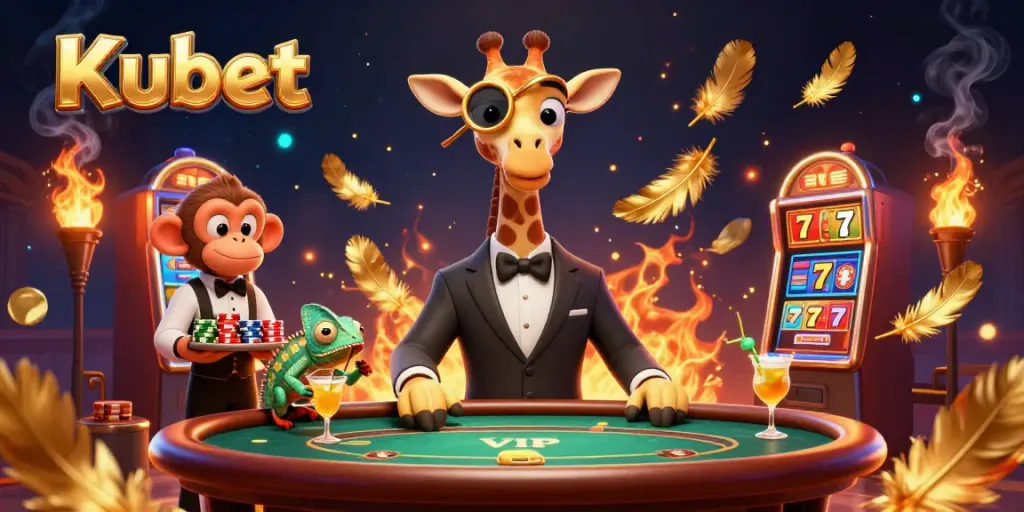 Experience gambling excitement at Kubet with a vibrant scene of a giraffe dealer at a poker table.