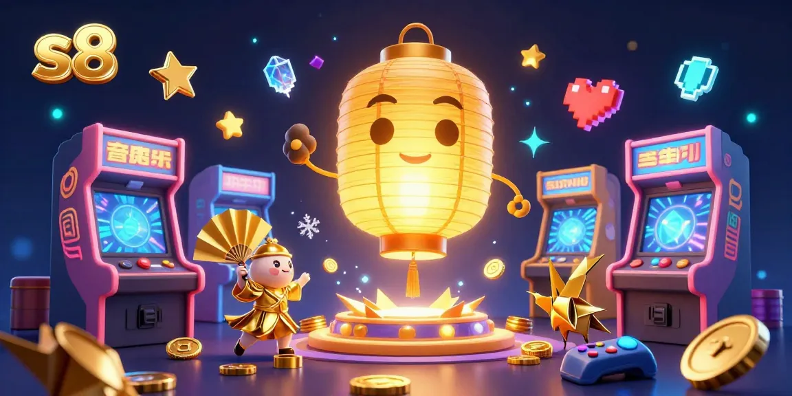 Engage with s8's vibrant casino scene filled with gold and color, featuring unique characters and game elements.