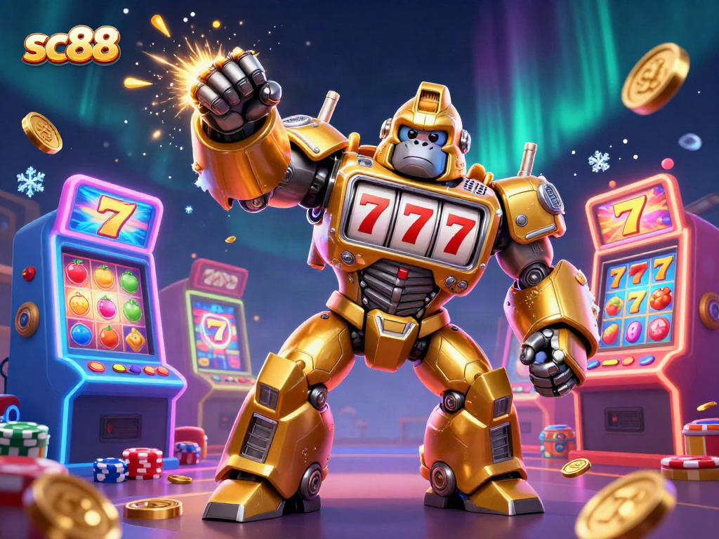 Engage with the thrilling world of sc88 as a golden gorilla mech showcases slot reels and exploding coins.