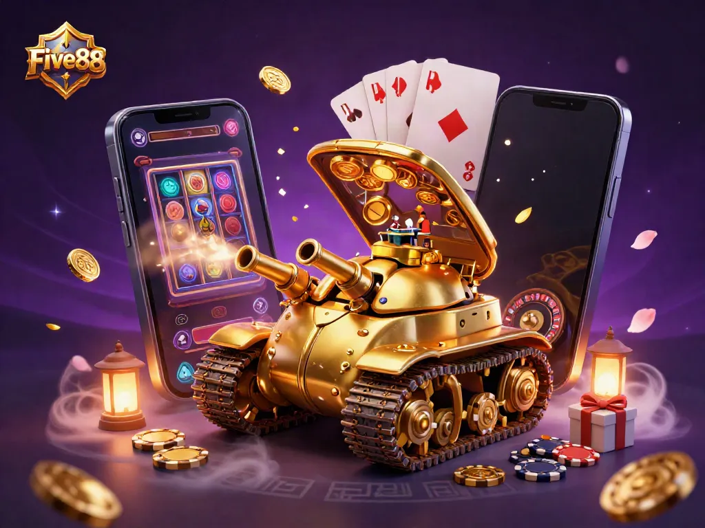 Experience winning at Five88 with an exciting 3D casino scene showcasing vibrant games and festive elements.