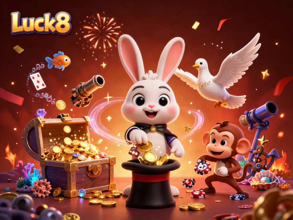 Experience the magic of Luck8 with a rabbit, dove, and monkey surrounded by treasure and casino elements.