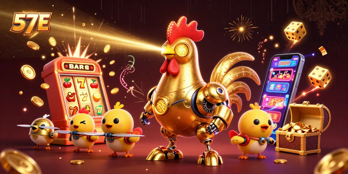 Experience thrilling winning moments at 57E with a golden robot and spectacular casino elements