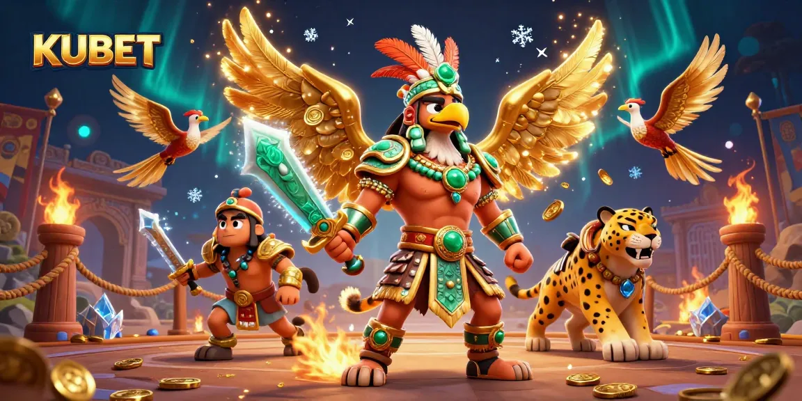 KUBET features an Aztec warrior and jaguar in a vibrant casino scene, showcasing dynamic gambling elements.
