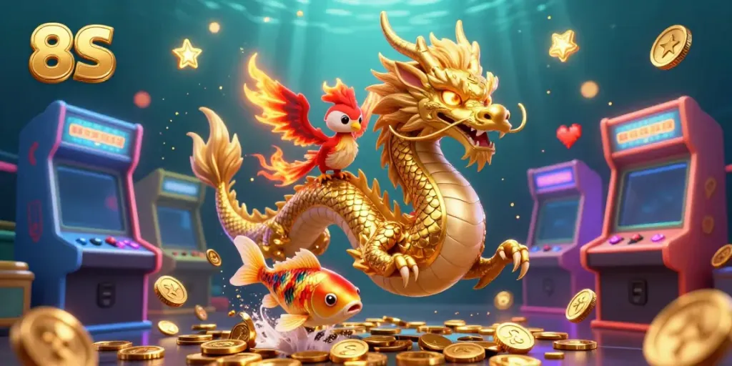Engage in thrilling gameplay with 8S illustrated by a fierce dragon and colorful casino elements.