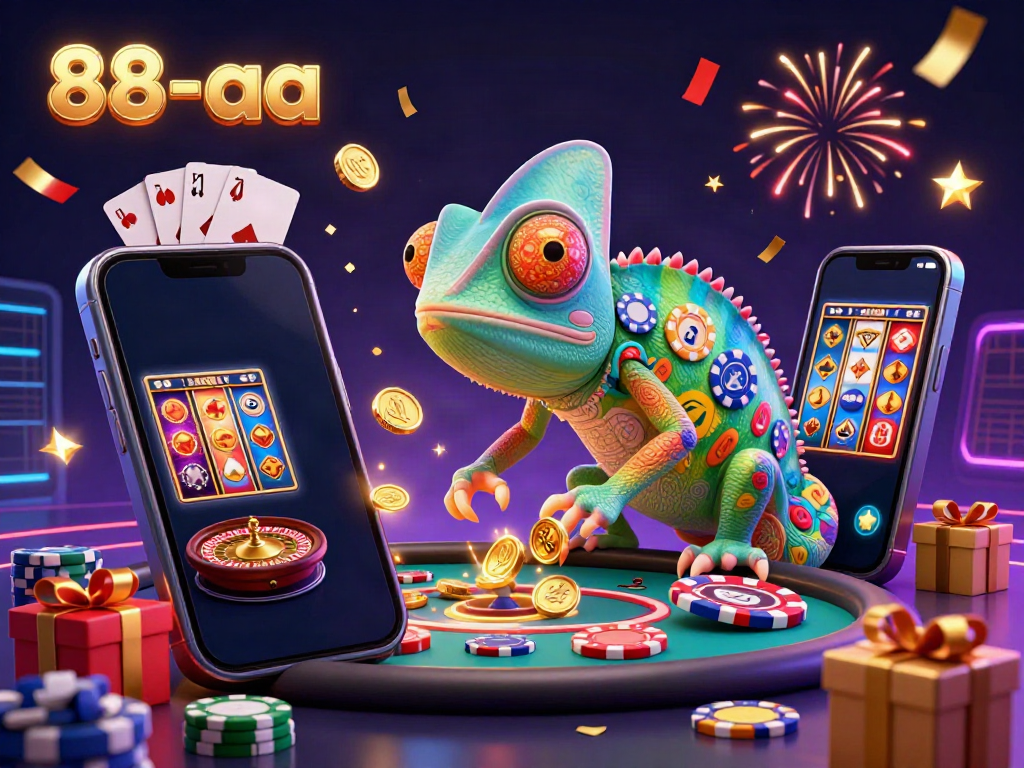 Experience the vibrant energy of 88-aa casino with an exciting 3D chameleon owner capturing golden coins.