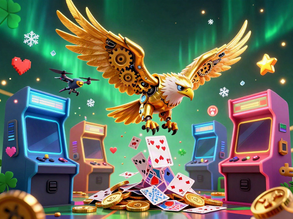 Engaging illustration of F8BET featuring a golden eagle amidst dazzling casino elements, highlighting vibrant action and game energy.