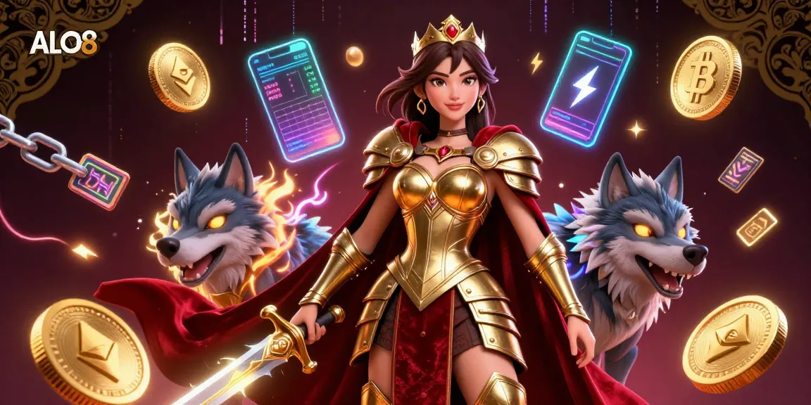 Experience the excitement of ALO8 with a striking scene of a warrior queen and her wolf companion, surrounded by glowing crypto coins and vibrant casino elements.