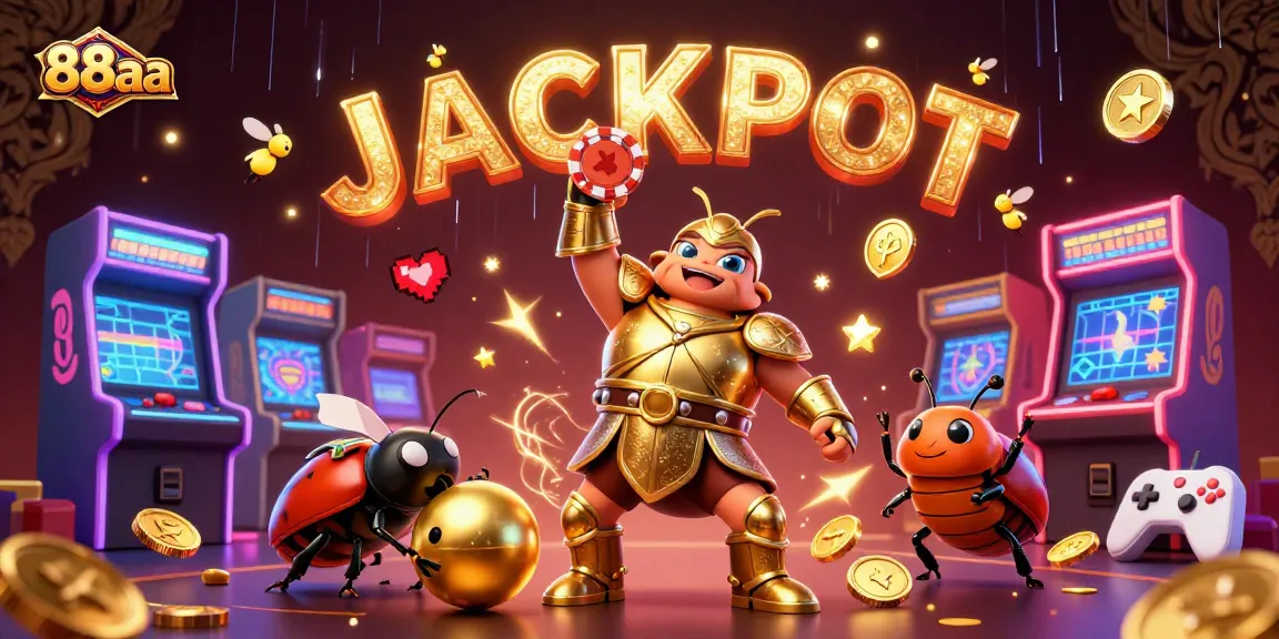 88aa celebrates a jackpot victory with a beetle hero lifting a poker chip amidst vibrant casino elements.