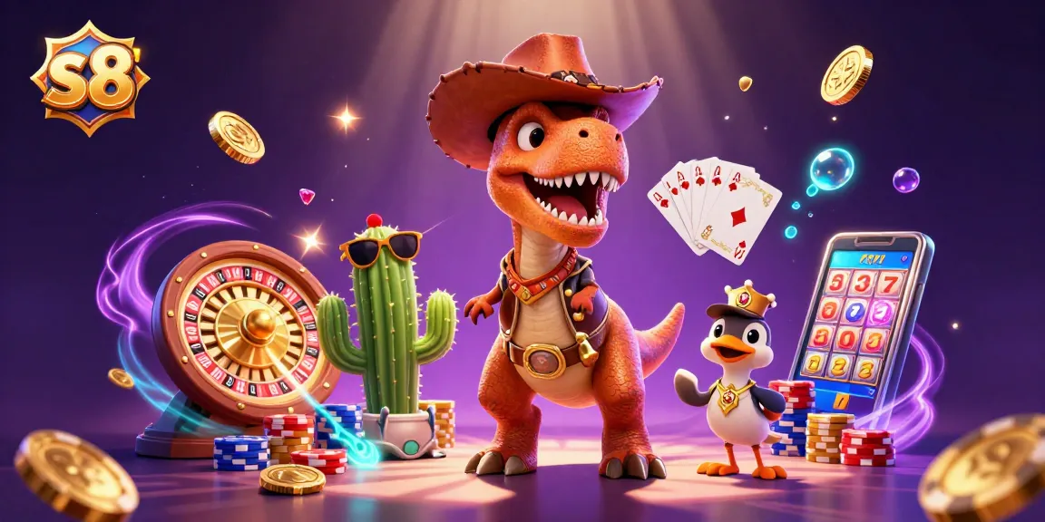 Engage with s8's exhilarating games featuring a vibrant T-Rex cowboy scene amidst cash rewards.