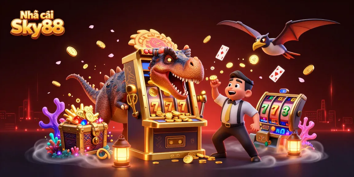Spin jackpots at Nhà cái Sky88 with a thrilling scene full of coins, dinosaurs, and slot machines in a lively casino.