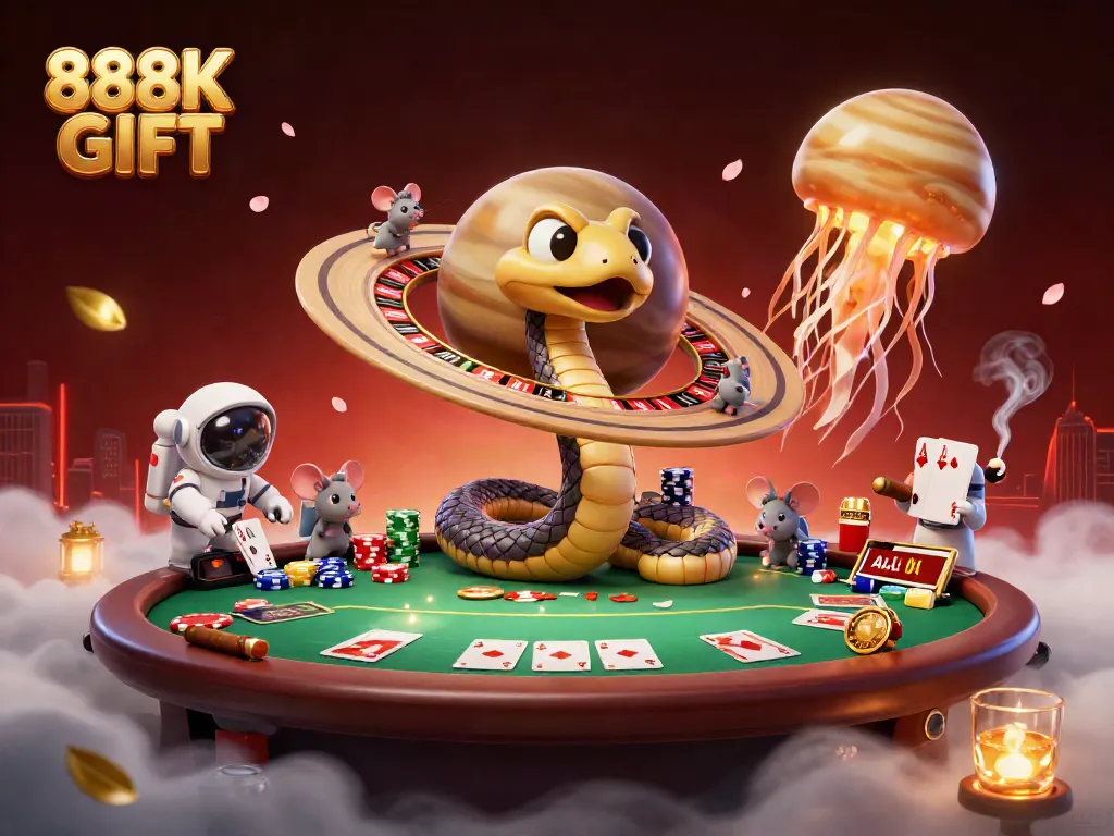 Engage with the game using 888K GIFT as players bet on the roulette wheel and poker table.