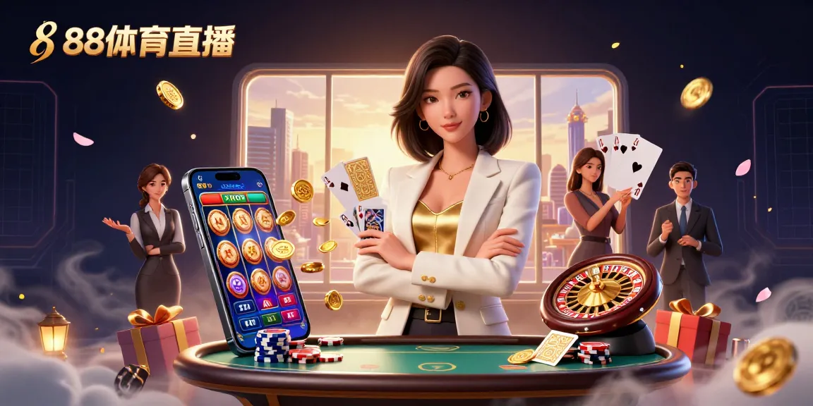 Engage with 88体育直播 in a vibrant digital casino scene featuring dynamic gaming elements and a powerful businesswoman.