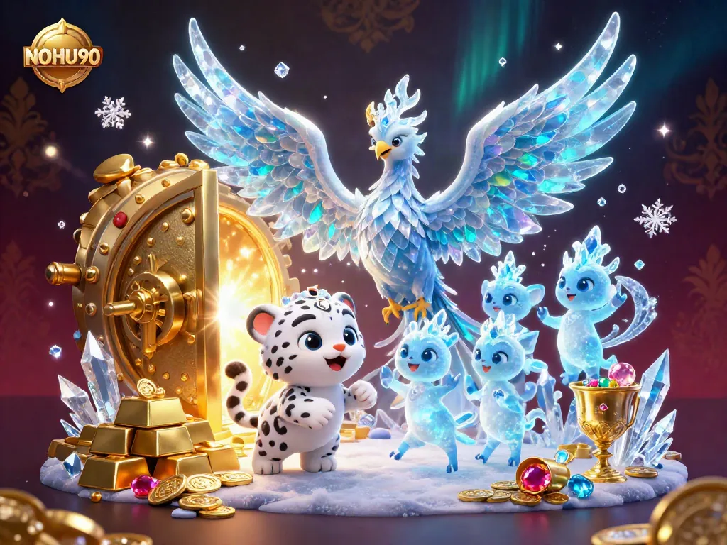 Experience the magic of NOHU90 with a colorful 3D illustration showcasing a phoenix, snow leopard, and glowing sprites amidst casino treasures.