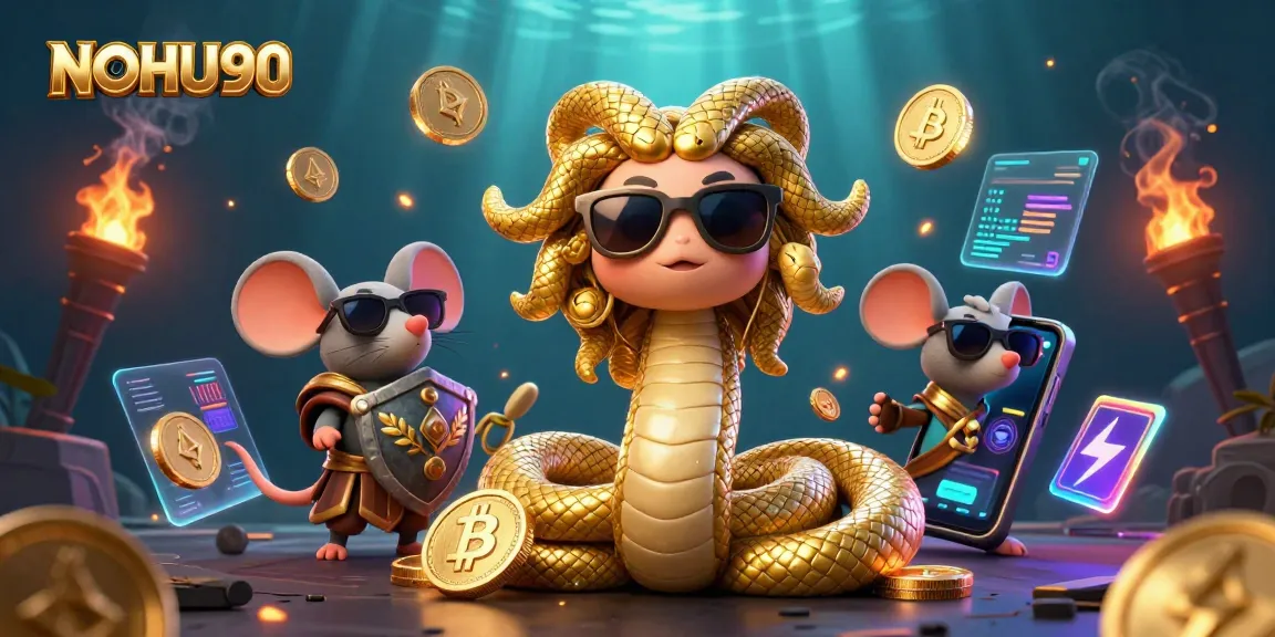NOHU90 offers an exciting gaming experience with a vibrant 3D casino illustration showcasing characters, crypto elements, and casino games.