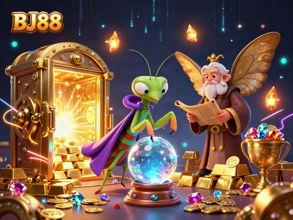 BJ88 showcases a magical casino scene with a fortune teller and treasures to engage players.