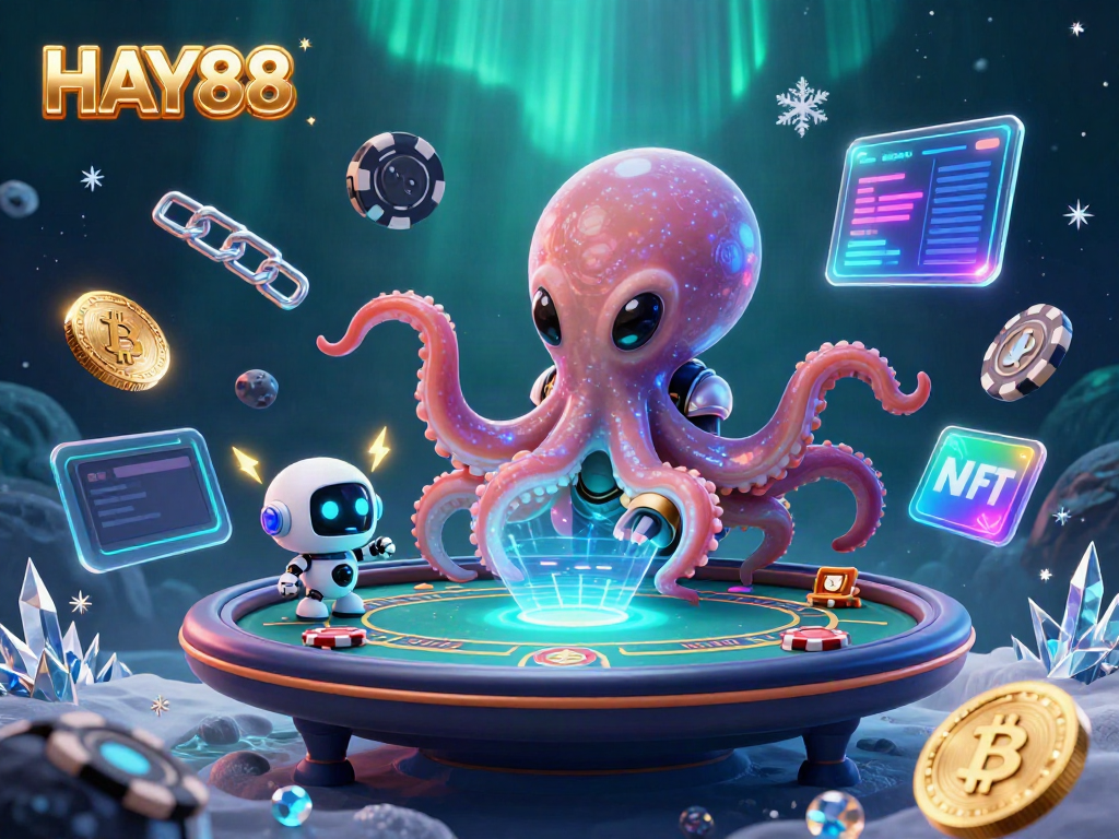 HAY88 Casino’s vibrant scene with alien octopus, poker table, and crypto elements