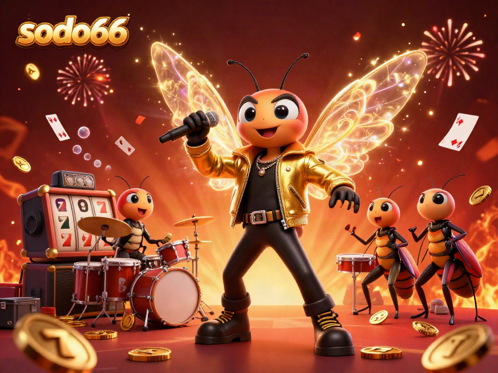 Experience the thrill of sodo66 with colorful casino elements and a vibrant rock star scene.
