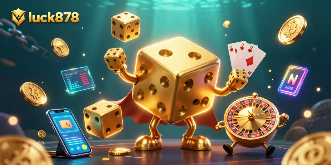 Join the excitement at luck878, where golden dice juggle amidst crypto coins and vibrant slot elements.