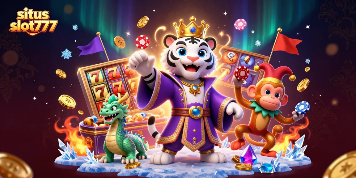 Experience the thrill of situs slot777 with an elegant tiger and playful monkey amid a vibrant casino atmosphere.