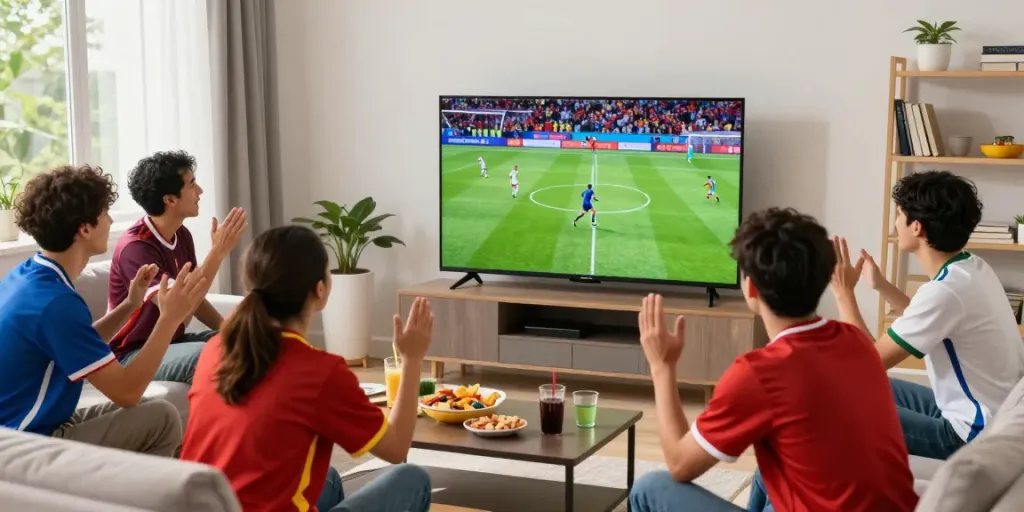 Friends enjoying Thapcamtv while watching live football match in a cozy living room