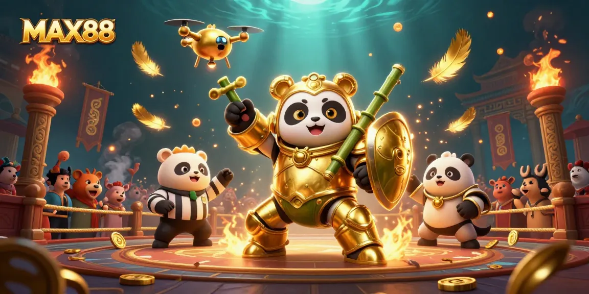 MAX88 showcases a vibrant casino scene with cheering spectators, highlighted by a golden panda in action.