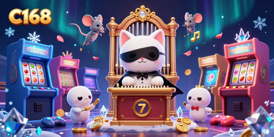 C168 interactive casino atmosphere showcasing a whimsical phantom cat, lively gaming elements, and vibrant visuals.