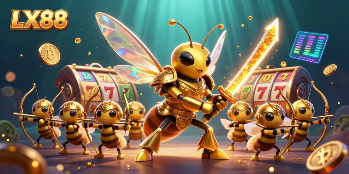 LX88 showcases a giant golden hornet in samurai armor, surrounded by slot game elements and cryptocurrency icons.