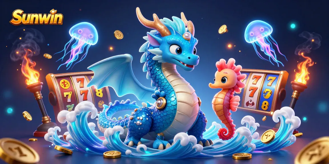Sunwin engages players with a vibrant 3D casino scene featuring a water dragon, seahorse knight, and neon jellyfish amidst glowing slot elements.