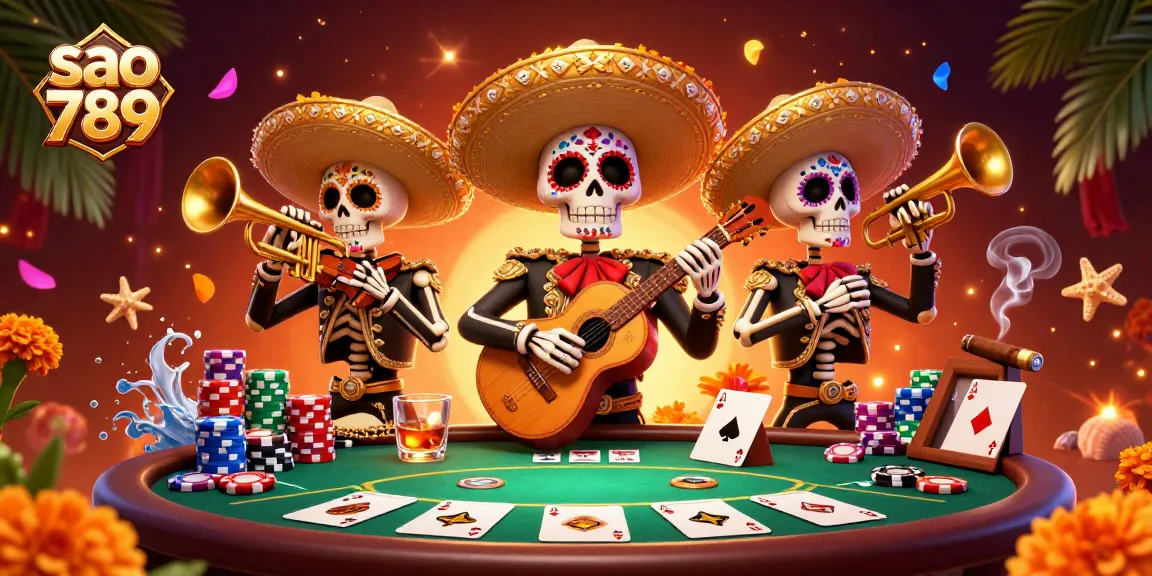 Sao 789 showcases a vibrant baccarat scene with colorful skeleton mariachis and poker elements.