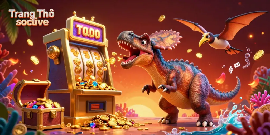 Experience Trang Chủ socolive with a cheerful dinosaur hitting a jackpot slot machine while gold coins fly around.
