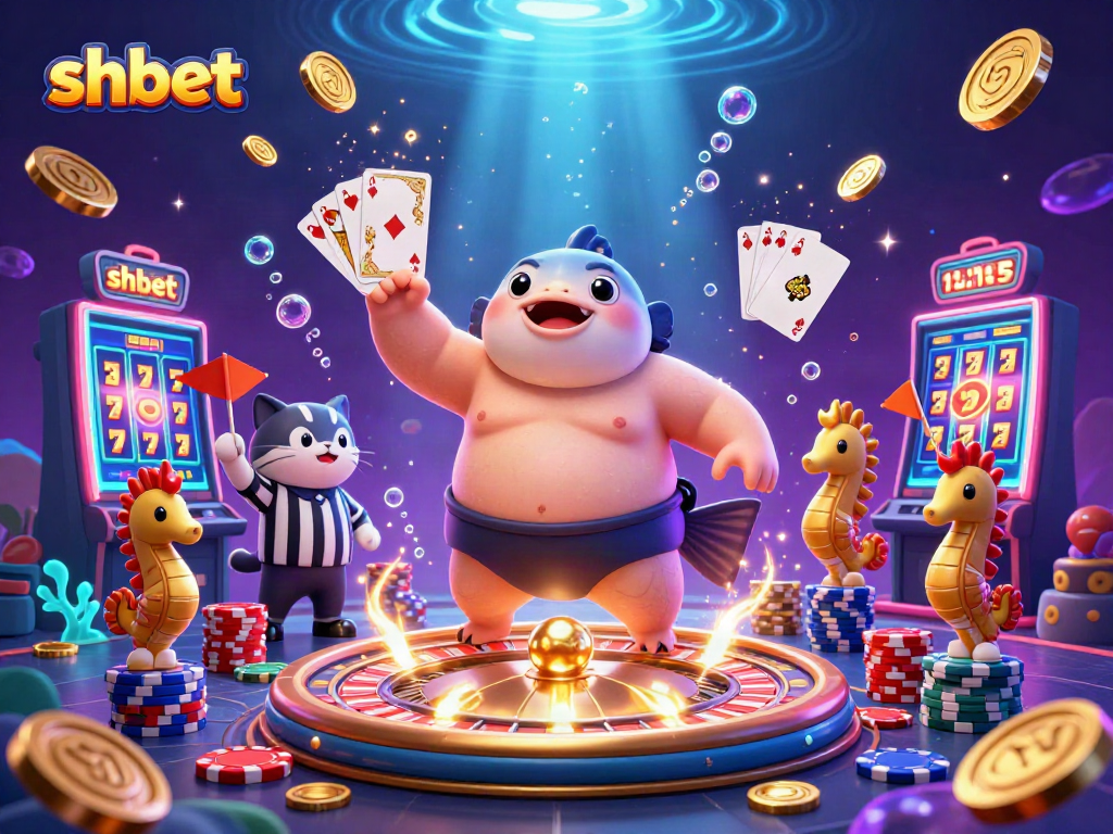Engage in vibrant shbet casino action with a dynamic underwater scene featuring a fugu and colorful gaming elements.