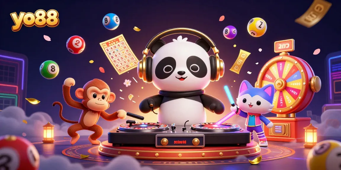 Engage with yo88’s vibrant gameplay featuring colorful lottery balls and lively characters in a dynamic casino scene.