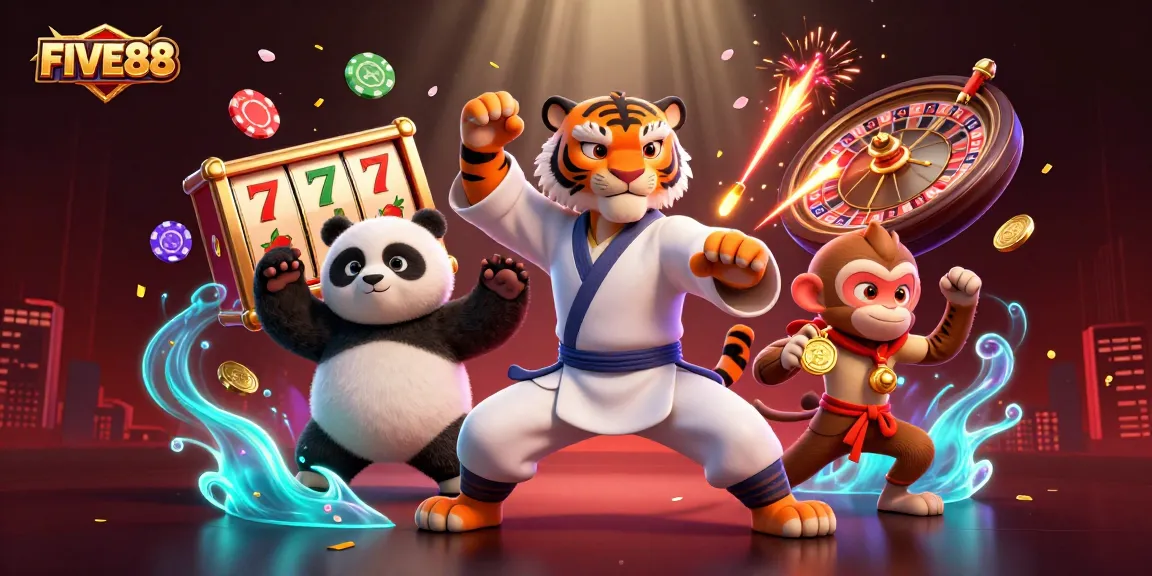 Engage with FIVE88's dynamic online casino experience featuring vibrant characters and intricate gaming elements.
