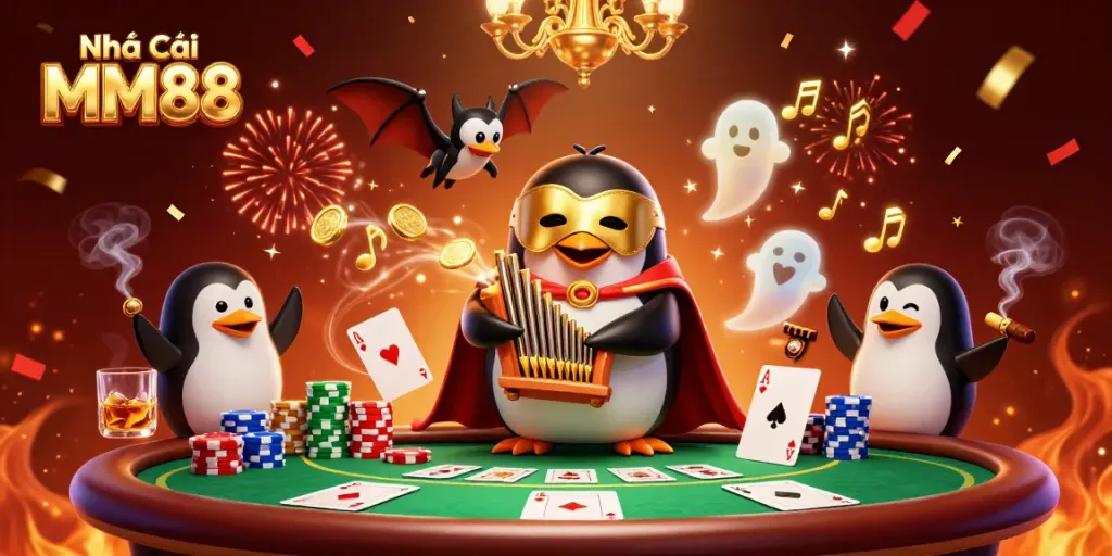 Experience the thrill of Nhà cái MM88 with exciting gold coins flowing from a phantom penguin's organ in this captivating casino scene.
